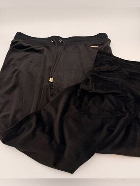 Black Velour Ribbed Pants with Gold Accents Large